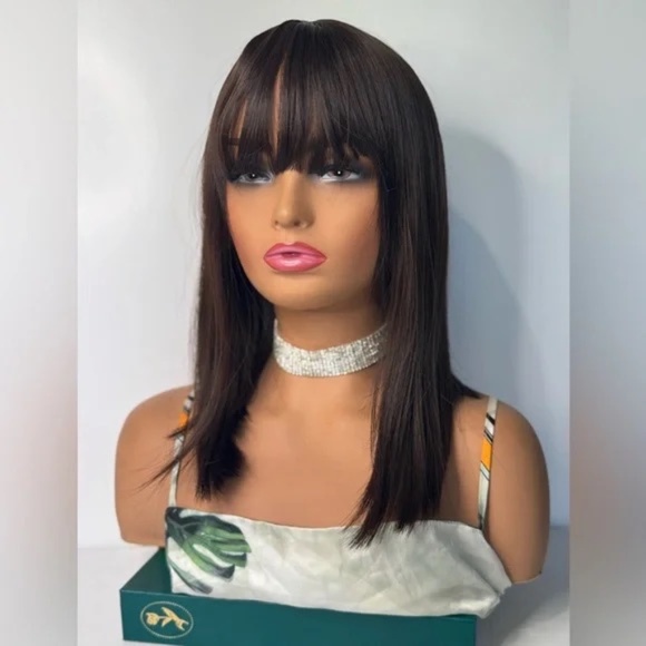 Straight Brown Wig with Bangs for Women – Natural Looking Medium Length - Picture 1 of 8